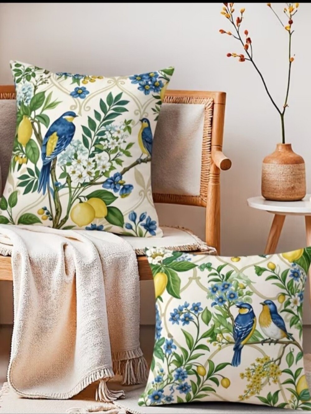 New Pr of Blue Bird on Lemon Tree Branch Pillow Covers 18x18#1463-393